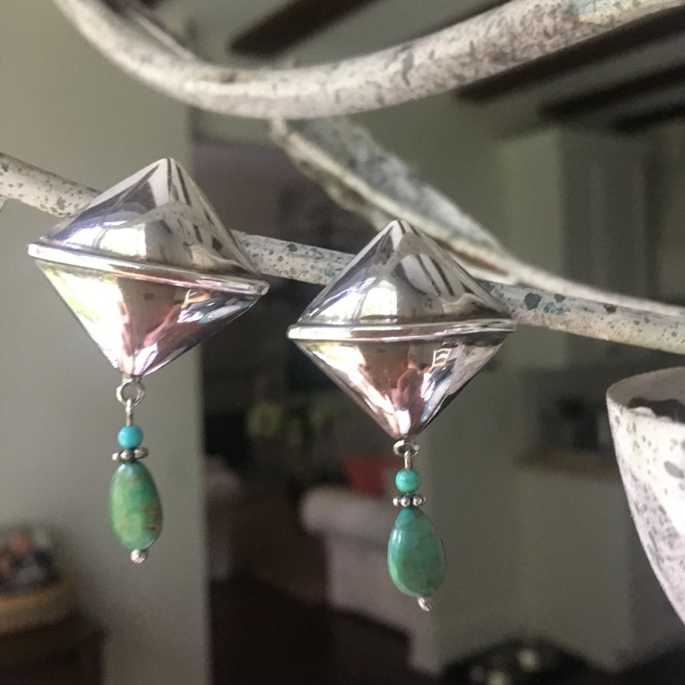 Silver, turquoise and jade earrings.